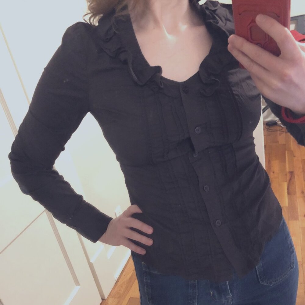 Vintage Dark Brown Ruffled Button-up, Circa 2000 The Limited [XS]